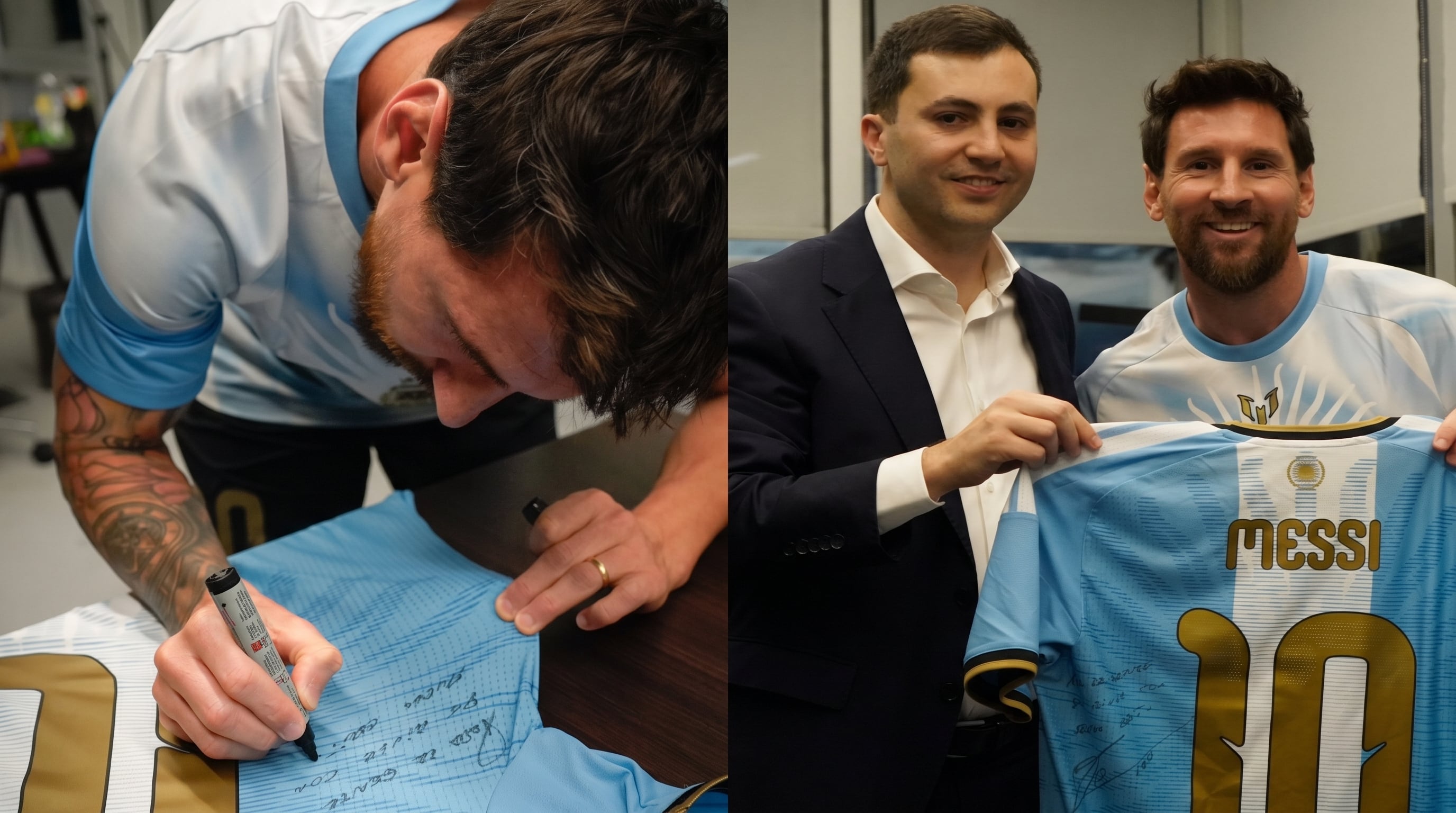 Lionel Messi autografió la camiseta de la selección argentina y luego posó con Stefano Di Carlo, presidente de River Plate (Imagen Ilustrativa Infobae)