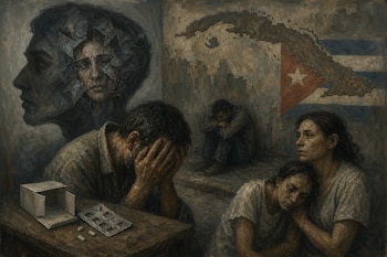Un hombre se cubre el rostro junto a cajas vacías de fármacos en una habitación con la bandera y el mapa de Cuba pintados en la pared.