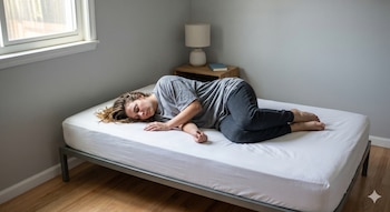 Una mujer con cabello castaño duerme de lado sobre un colchón blanco en un somier metálico. Detrás, una mesita de noche con lámpara y un libro. Una ventana se ve al fondo