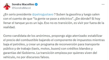 la candidata independiente Sondra Macollins cuestionó la viabilidad de la propuesta del presidente Gustavo Petro sobre la transición hacia los vehículos eléctricos - crédito @SondraMacol/X
