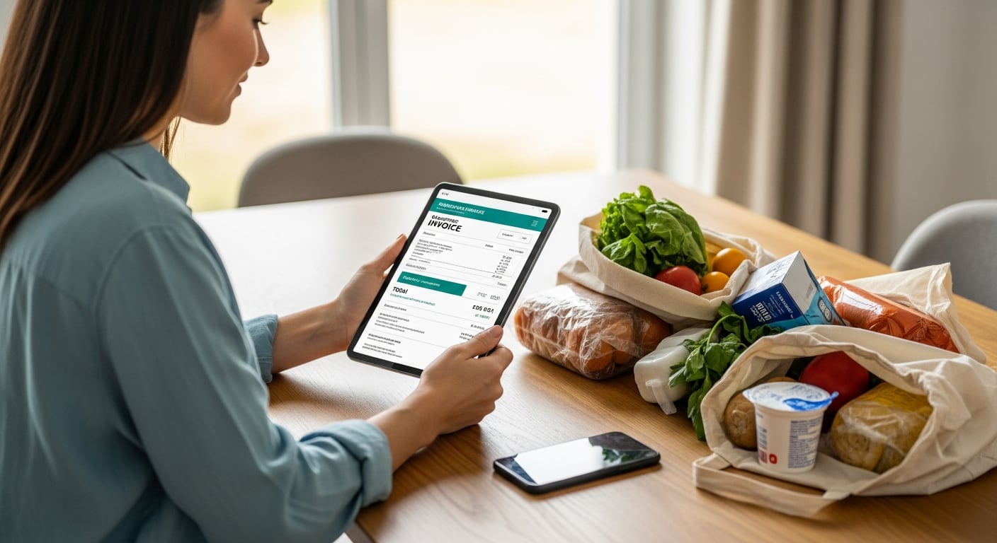 Una mujer revisa una factura electrónica en su tablet, mostrando la creciente adopción de pagos digitales y la gestión financiera moderna de las compras de supermercado. (Imagen Ilustrativa Infobae)