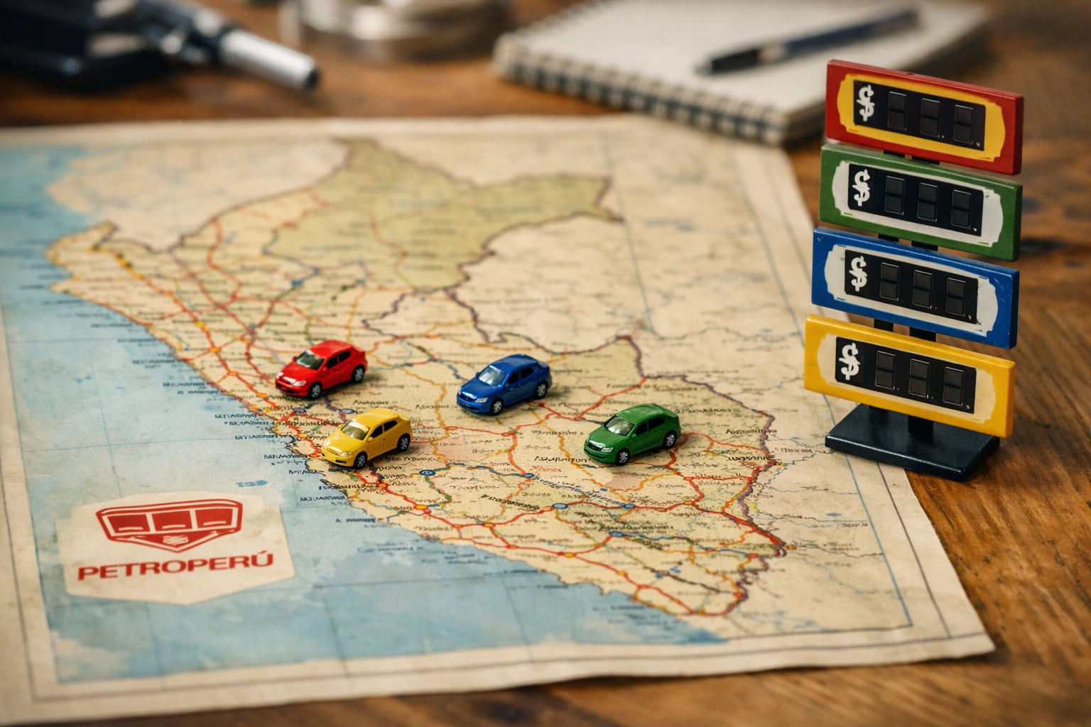Un mapa de Perú, con autos de juguete que marcan rutas, ilustra la distribución geográfica de los precios de combustibles como gasolina y diésel, con el logo de Petroperú visible. (Imagen Ilustrativa Infobae)