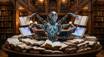 Robot con múltiples brazos y la inscripción LEXA sostiene varios libros abiertos sobre una mesa de madera rodeada de estanterías.
