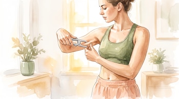 Ilustración de una mujer joven con ropa deportiva, midiendo un pliegue cutáneo en su tríceps con un adipómetro en un entorno luminoso.