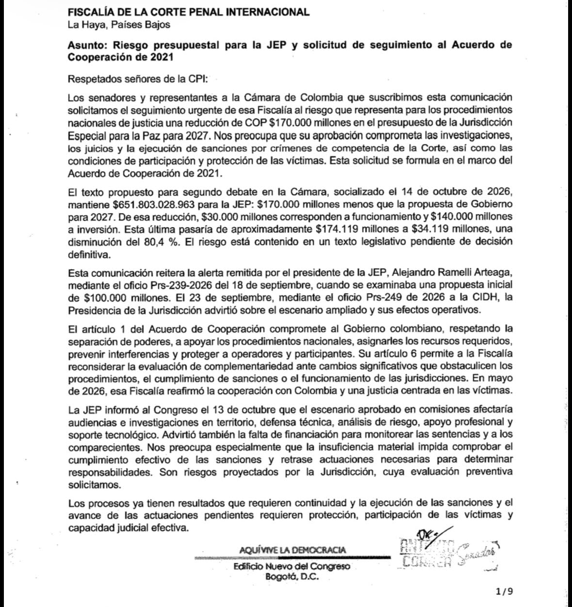 Los congresistas advirtieron que los recortes a la JEP afectarían investigaciones, audiencias y revisar sentencias - crédito @UltimaHoraCR/X