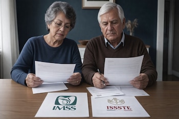 Dos personas adultas, hombre y mujer, sentadas en una mesa de madera. Cada una sostiene documentos y hay hojas con los logos de IMSS e ISSSTE.