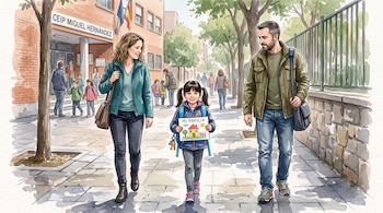 Ilustración de una niña con mochila que sostiene un dibujo entre una mujer y un hombre en la acera frente a una escuela.