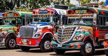 Tres autobuses pintados de varios colores con estructuras cromadas y portaequipajes en el techo están estacionados en fila