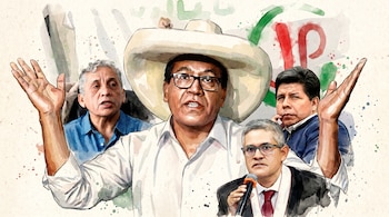 Ilustración acuarela de Roberto Sánchez, con sombrero y brazos abiertos, en el centro, flanqueado por otros tres políticos, incluido Pedro Castillo.