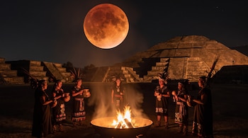 Personas con atavíos tradicionales rodean una fogata nocturna frente a una pirámide, bajo una gran luna llena de color rojo.