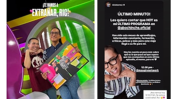 Dos hombres sonríen en estudio, uno sostiene un cuadro. Publicación de Instagram con Ric La Torre sonriendo y texto sobre su último programa