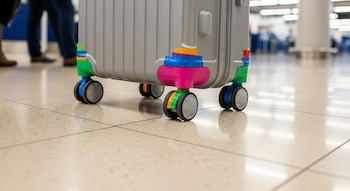 Valija gris sobre ruedas, con cinta adhesiva de colores azul, verde, naranja, rosa, morado y rojo en sus ruedas, sobre un piso de baldosas.