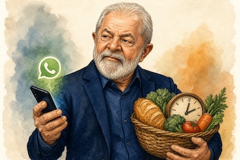 Ilustración de Luiz Inácio Lula da Silva que sostiene un teléfono con el logo de WhatsApp y una canasta de mimbre con alimentos y un reloj.