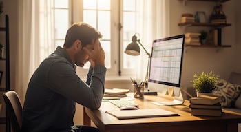 Hombre de unos 45 años sentado en un escritorio de madera en casa, con ventanas luminosas detrás. Se agarra la cabeza frente a un monitor con tablas de datos.