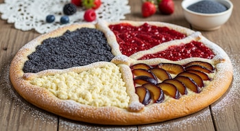 Un pastel redondo Valašský frgál, dividido en cuatro secciones con rellenos de semillas de amapola, requesón, mermelada de frambuesa y ciruelas, sobre madera.