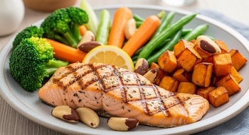 Un plato contiene un trozo de salmón a la plancha, brócoli, judías verdes, zanahorias, cubos de batata asada, nueces de Brasil y una rodaja de limón.