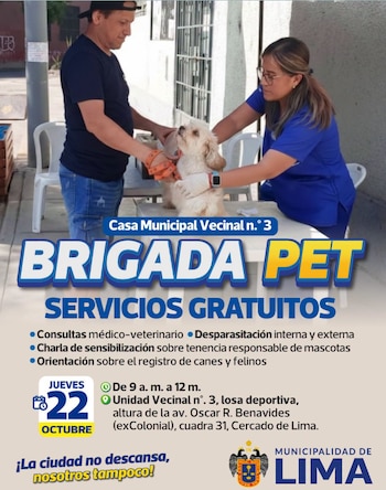 La Municipalidad de Lima realizará una campaña veterinaria gratuita este jueves 22 de octubre en el Cercado de Lima, dirigida a los propietarios de perros y gatos - Créditos: Gerencia de Desarrollo Humano MML.