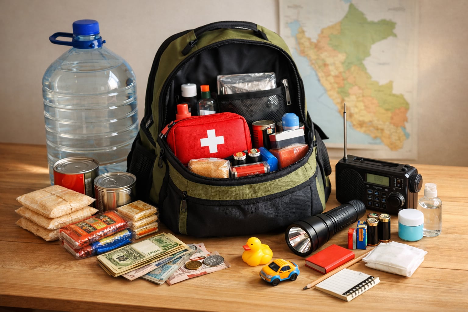 Una mochila de emergencia para sismos en Perú ilustra los artículos esenciales para la preparación ciudadana desplegados sobre una mesa. (Imagen Ilustrativa Infobae)