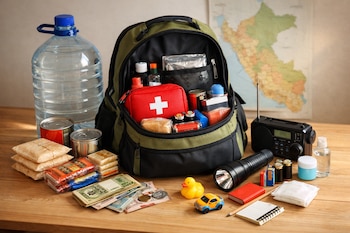 Mochila de emergencia abierta con linterna, radio portátil, botiquín rojo, bidón de agua, alimentos, dinero, juguetes y mapa de Perú de fondo en mesa.