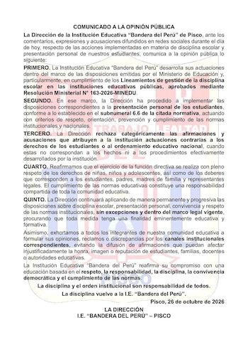 Documento impreso con membrete y texto titulado Comunicado a la opinión pública, emitido por la dirección de un colegio en Pisco