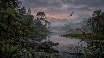 Un cocodrilo en una laguna con plantas acuáticas, helechos en la orilla y siluetas de dinosaurios terrestres y voladores en el fondo.