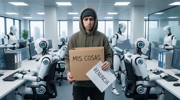 Un joven con sudadera y gorro sostiene una caja y una carta de renuncia en una oficina, rodeado de robots humanoides blancos que trabajan en escritorios.