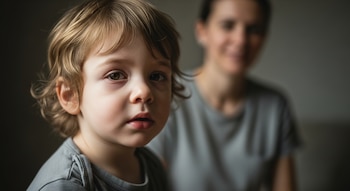 Primer plano de un niño de cabello rubio, ojos marrones y expresión fatigada, con un adulto desenfocado detrás, iluminado por luz natural.