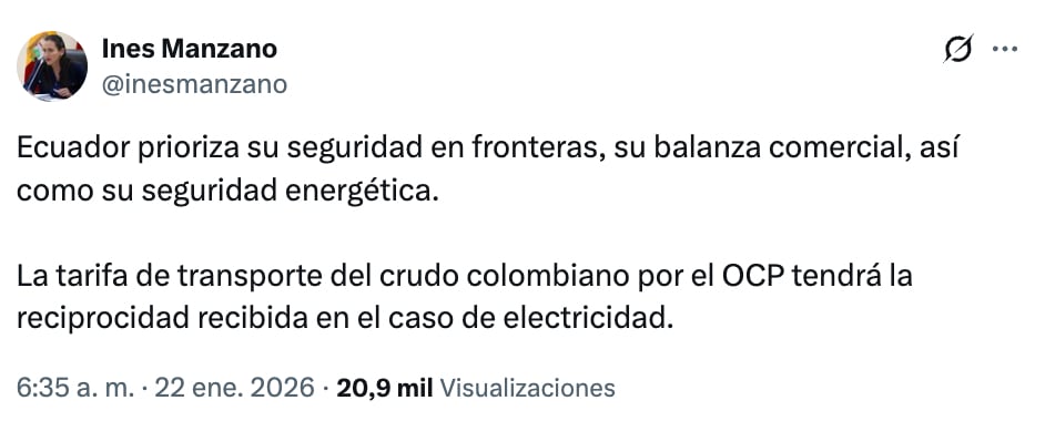 El anuncio de la ministra ecuatoriana Inés Manzano.