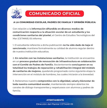 Documento digital con el distintivo del CETMAR 05 y la frase comunicado oficial sobre un fondo blanco con detalles azules