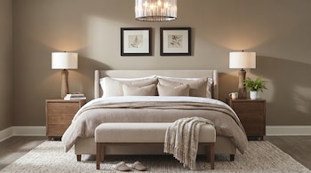 Dormitorio acogedor con cama de cabecero acolchado, mesitas de noche de madera con lámparas, cuadros botánicos, un banco al pie de la cama y una alfombra texturizada.