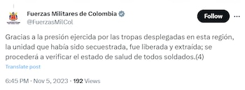 Las Fuerzas Militares confirmaron liberación