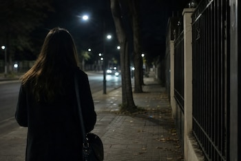 Vista posterior de una mujer con abrigo oscuro que camina de noche por una acera junto a una verja de hierro y farolas.