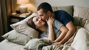 Un hombre abraza y besa en la mejilla a una mujer recostada en una cama con almohadas de colores neutros.