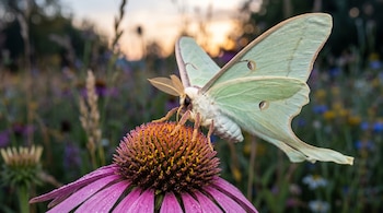 Una polilla verde claro con antenas plumosas posada sobre el centro cónico y los pétalos rosados de una flor de equinácea.