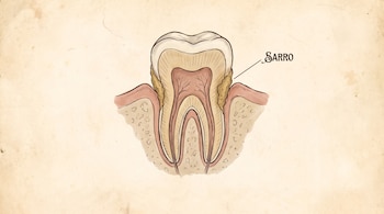 Ilustración de un corte transversal de un diente con raíces, encías y hueso. Una flecha indica una acumulación de sarro junto a la etiqueta Sarro.
