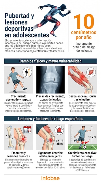 Infografía con título "Pubertad y lesiones deportivas en adolescentes". Muestra un corredor, radiografía de rodilla, huesos, músculos y joven futbolista.