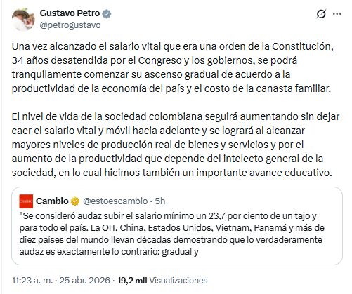 El presidente de la República afirmó que a partir de la nueva base salarial se podrá comenzar un ascenso gradual conforme a la productividad de la economía nacional y el costo de la canasta familiar - crédito @petrogustavo/X
