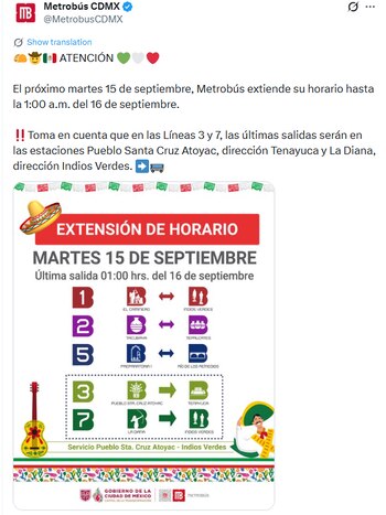 Cartel informativo del Metrobús de la Ciudad de México con los horarios y trayectos especiales de las líneas 1, 2, 3, 5 y 7 para el 15 de septiembre