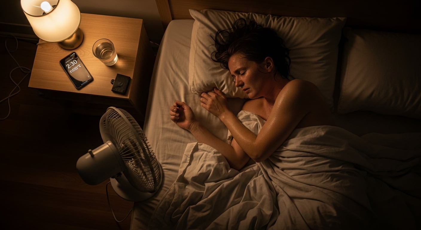 Una mujer descansa incómodamente durante la noche, visiblemente afectada por el calor, mientras un ventilador apunta hacia su cama. La escena resalta los desafíos que enfrentan muchas personas durante las olas de calor nocturnas. (Imagen Ilustrativa Infobae)