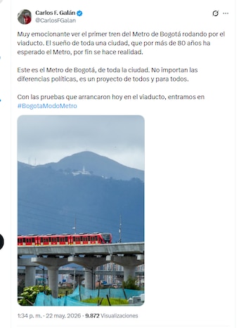 El alcade Carlos F. Galán celebró primera prueba del metro de Bogotá rodando por el viaducto - crédito @CarlosFGalan/X