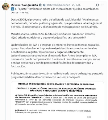 El senador Duvalier Sánchez (Alianza Verde) señaló varias dudas al proyecto de ley de rescate fiscal del Gobierno nacional - crédito @DuvalierSanchez/X