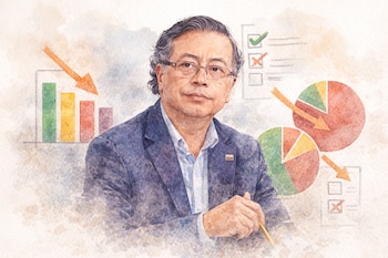 Ilustración en acuarela de Gustavo Petro con lentes, sobre un fondo con gráficos de barras, gráficos circulares, listas de verificación y flechas naranjas apuntando hacia abajo.