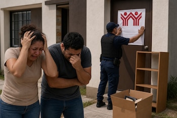 Una mujer y un hombre lloran al lado de una caja de cartón frente a un oficial que coloca un cartel en la puerta de una casa.