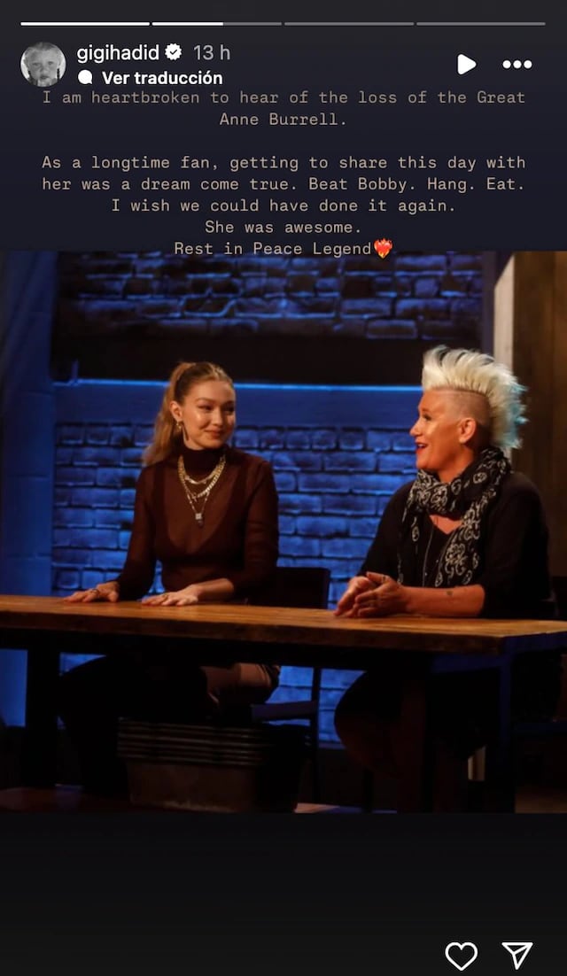 La modelo Gigi Hadid compartió su pesar por la muerte de Anne Burrell(Créditos: Instagram/Gigi Hadid)