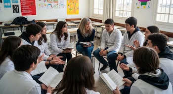 Una docente y diez estudiantes, muchos con guardapolvos blancos, sentados en círculo en un aula, conversando y gesticulando mientras sostienen libros abiertos.