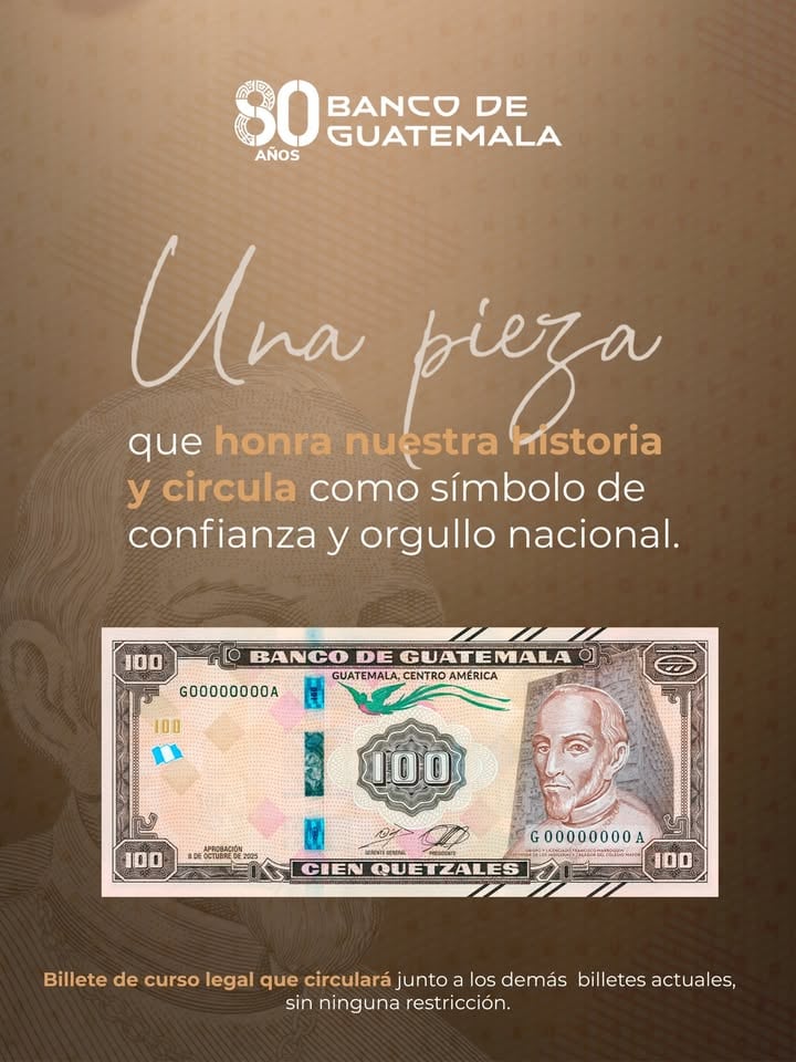 El Banco de Guatemala afirmó que el billete de Q100 resalta elementos históricos y culturales de Guatemala e incorpora medidas de seguridad contra la falsificación. (Cortesía: Banco de Guatemala)