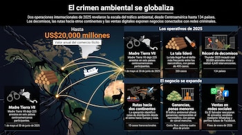 Infografía con un mapa mundial, cadenas, un barco, íconos de animales, madera apilada, esposas y redes sociales sobre un fondo negro.
