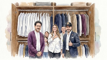 Pintura en acuarela de Iván Cepeda, Paloma Valencia y Abelardo de la Espriella con otras dos personas frente a un armario abierto con ropa colgada.