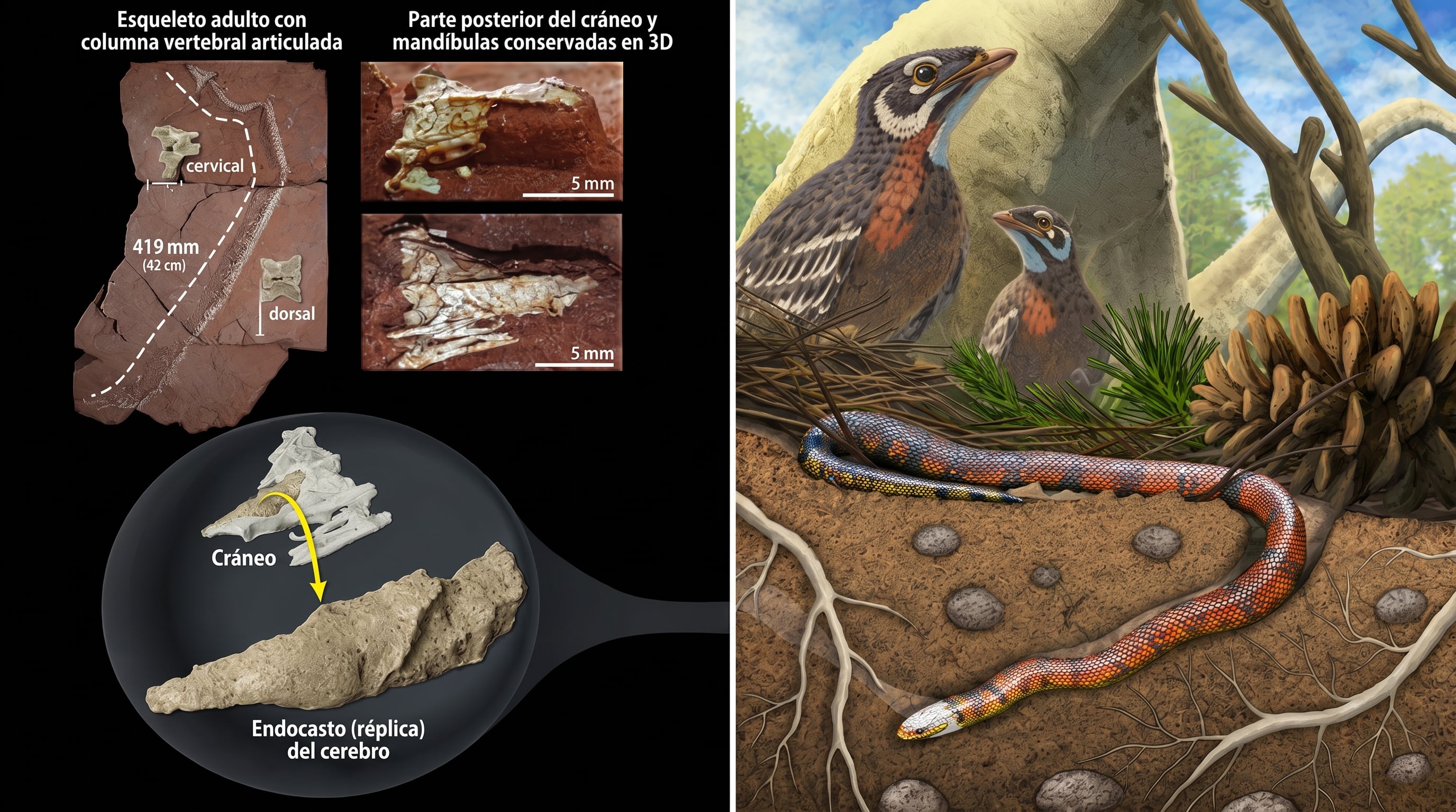 Durante décadas, los fósiles de serpientes primitivas se han utilizado para reconstruir el aspecto del antepasado común de las serpientes actuales. Sin embargo, el nuevo estudio demuestra que ninguna de estas especies por sí sola representa ese estado ancestral (Ampliación y traducción mediante IA de imagen: Gabriel Ugueto y Simone Macri)