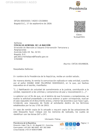 La Presidencia de Colombia remitió a la Fiscalía la solicitud de sometimiento a la justicia de alias Digno Palomino - crédito suministrado a Infobae